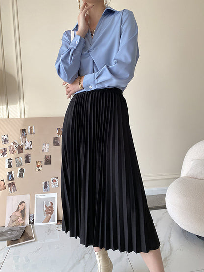 Long Sleeves Knot Pleated Solid Color Split-Joint Lapel Blouses&Shirts Tops