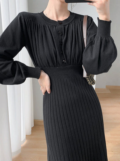 Solid Color Pleated A-Line High Waisted Round-Neck Sweater Dresses