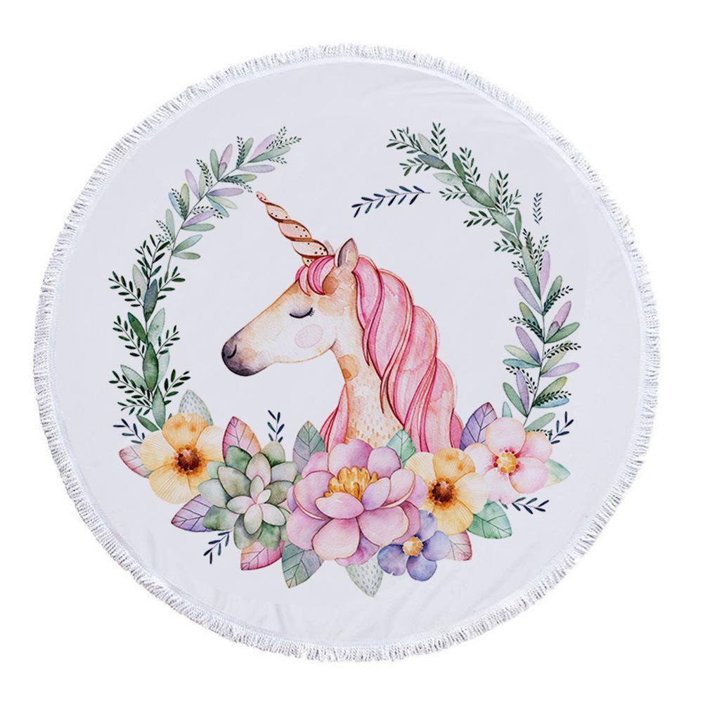 Hand-Painted Cartoon Unicorn Oversized Round Tassel Beach Towel Yoga Mat
