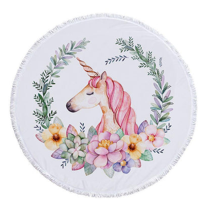 Hand-Painted Cartoon Unicorn Oversized Round Tassel Beach Towel Yoga Mat