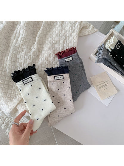 Rufia - Polka Dot Print Mid-Crew Socks with Ruffle Trim
