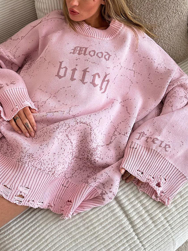 Long Sleeves Loose Hollow Knitted Letters Round-Neck Knitwear Pullovers Sweater Tops