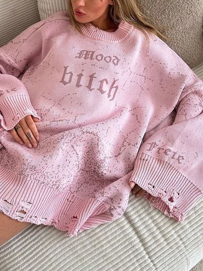 Long Sleeves Loose Hollow Knitted Letters Round-Neck Knitwear Pullovers Sweater Tops