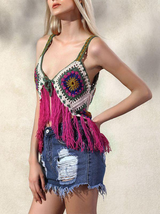 Hand-Knitted Knitted Vest Hit Color Hook Flower Tassel Vest Female