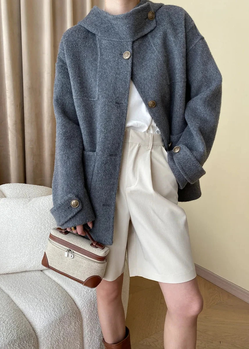 Wool Blend Buttoned Coat with Stand Collar