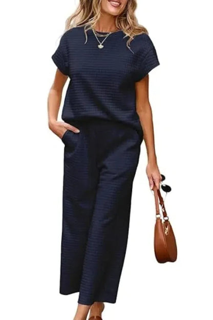 Women's Casual Textured Tops and Wide Leg Pants Lounge Sets