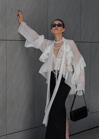 Sheer Silk Blend Ruffle Tie Front Blouse