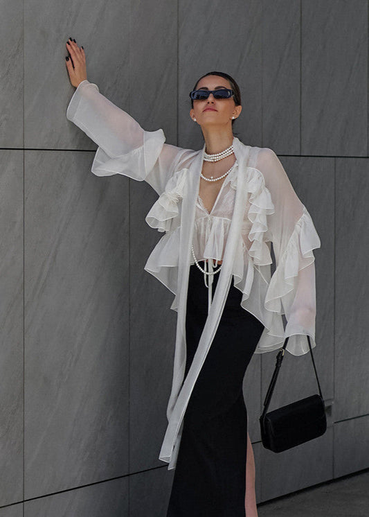 Sheer Silk Blend Ruffle Tie Front Blouse