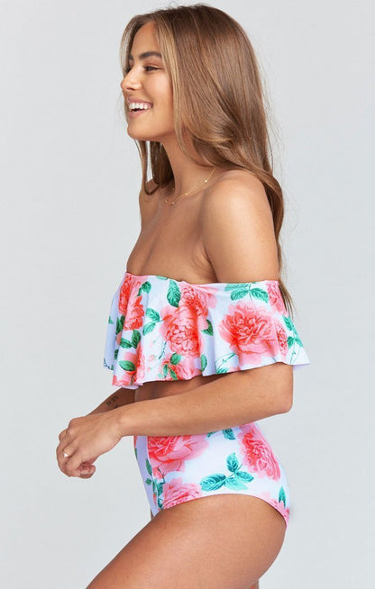 Strapless High Waist Floral Printed Off-The-Shoulder Ruffled Swimsuit-3