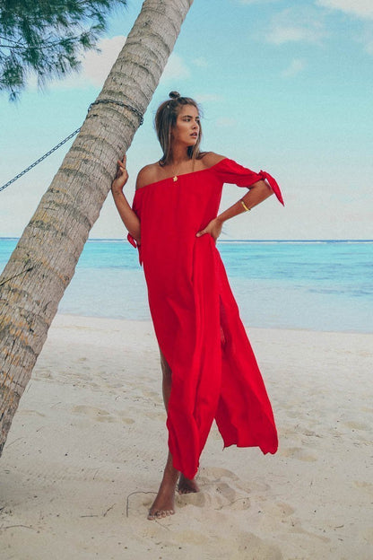 Sexy Off-The-Shoulder Solid Color Irregular Split Beach Dress