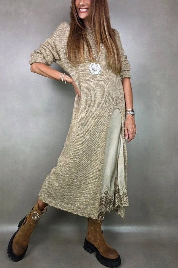 Retro knitted slit two-piece long skirt