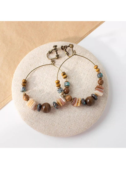 Earwish - Boho Vintage Beaded Hoop Earrings - Brown &amp; Chic