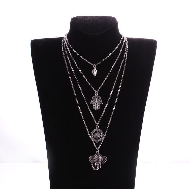 Boho Multi-Layer Leaf Elephant Pendant Necklace