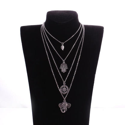 Boho Multi-Layer Leaf Elephant Pendant Necklace