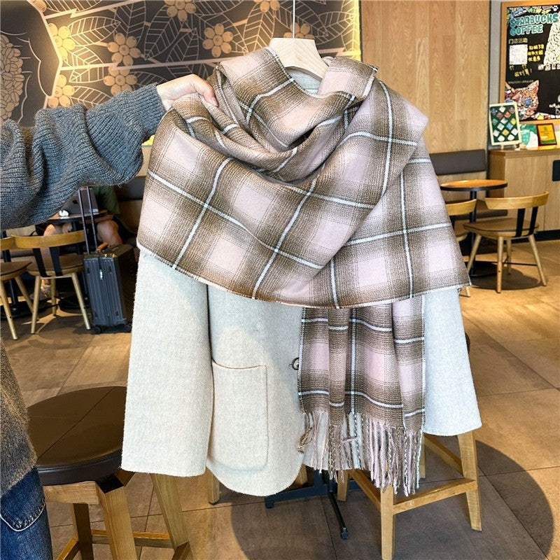Color Block Plaid Fringe Scarf