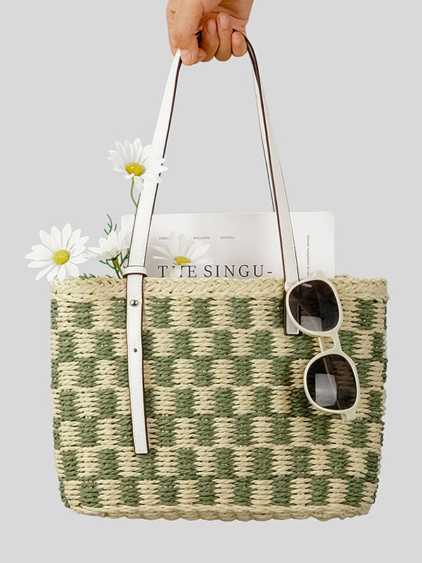 Contrast Color Plaid Straw Bags Accessories Handbags