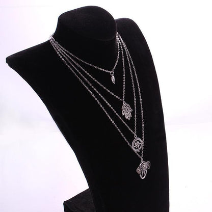 Boho Multi-Layer Leaf Elephant Pendant Necklace
