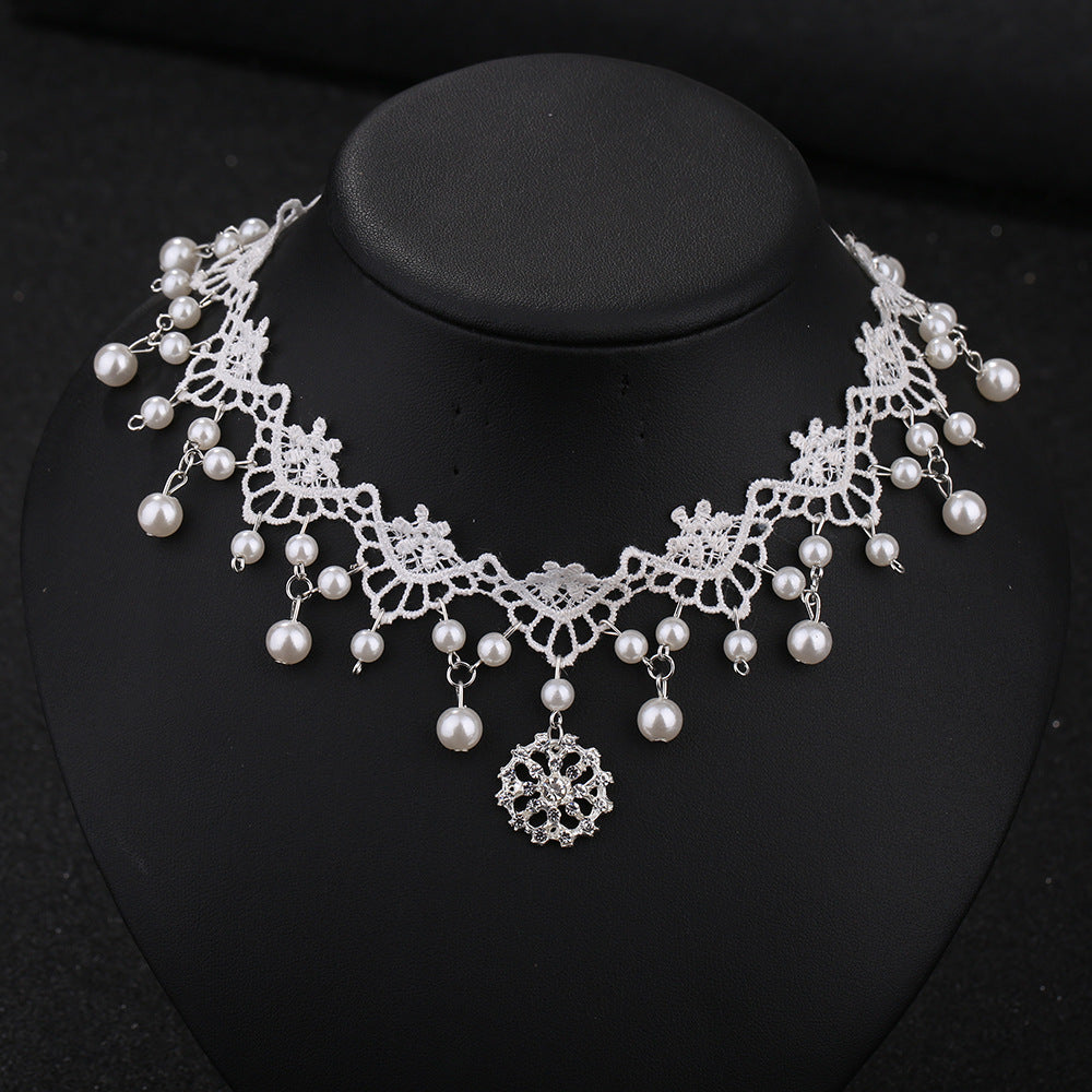 Bridal White Lace Choker with Rhinestones and Pearl Pendant