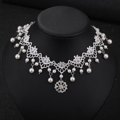 Bridal White Lace Choker with Rhinestones and Pearl Pendant