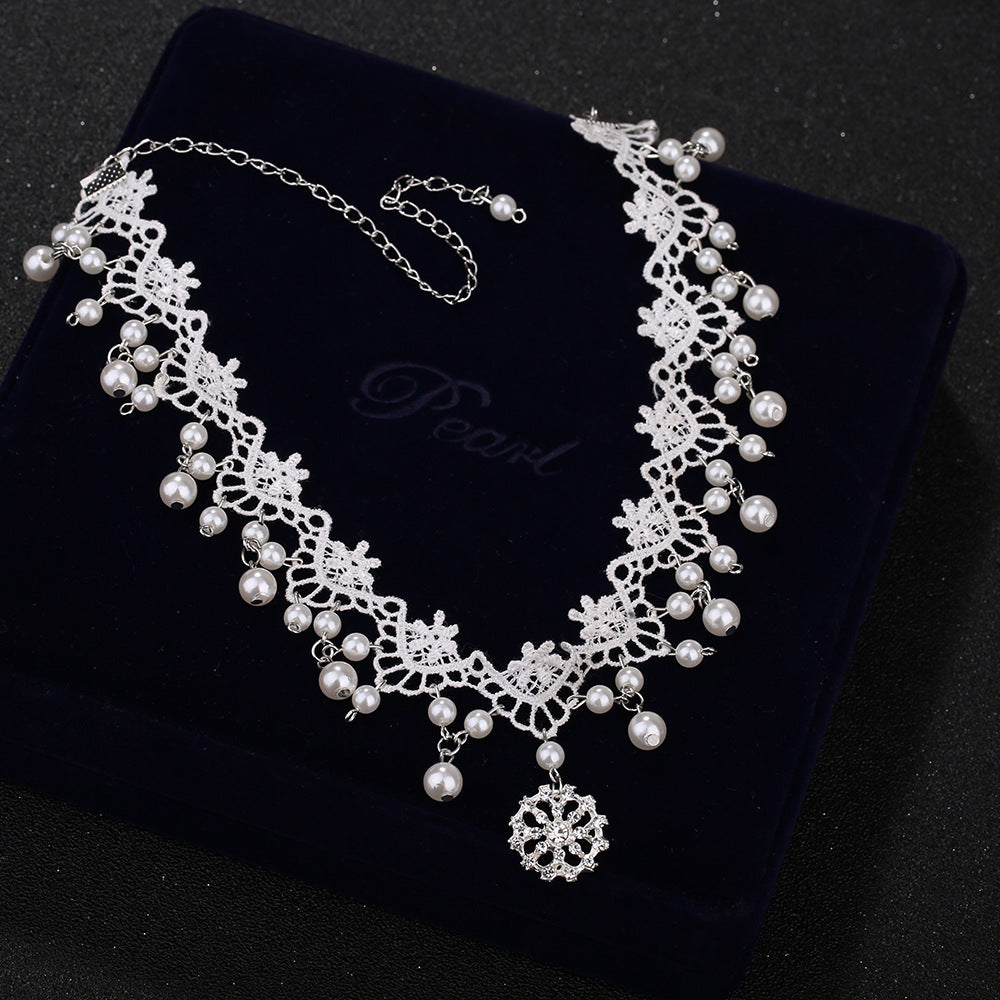 Bridal White Lace Choker with Rhinestones and Pearl Pendant