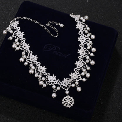 Bridal White Lace Choker with Rhinestones and Pearl Pendant