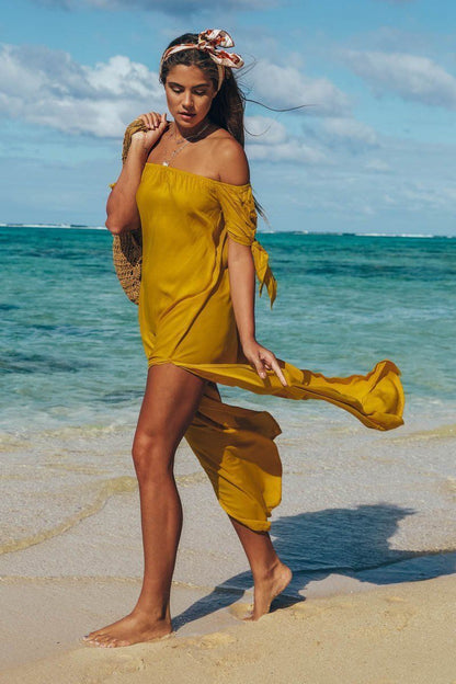 Sexy Off-The-Shoulder Solid Color Irregular Split Beach Dress