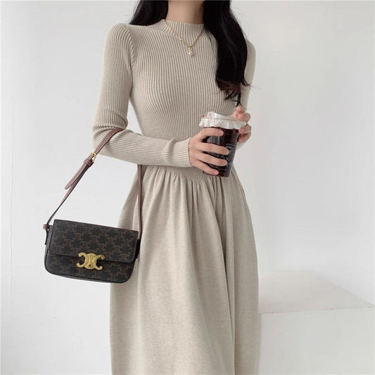 Semi-High Neck Midi Sweater Dress With Waist Tuck Design