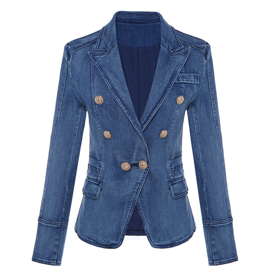Elegant Double-Breasted Lion Button Denim Jacket