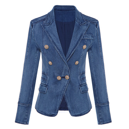 Elegant Double-Breasted Lion Button Denim Jacket