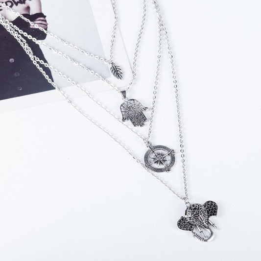 Boho Multi-Layer Leaf Elephant Pendant Necklace