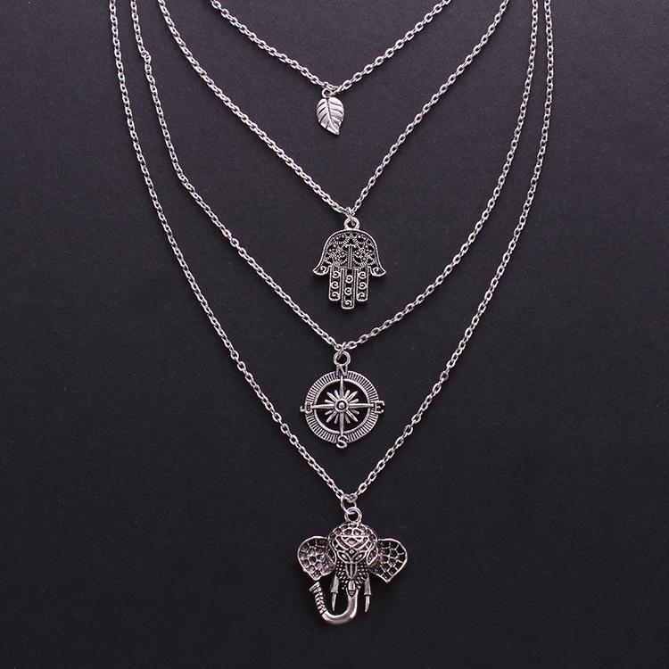 Boho Multi-Layer Leaf Elephant Pendant Necklace