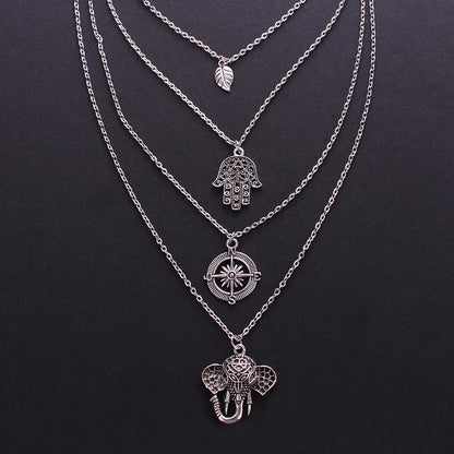 Boho Multi-Layer Leaf Elephant Pendant Necklace
