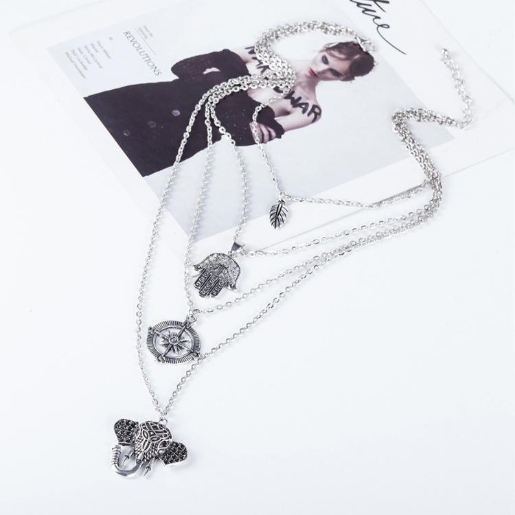 Boho Multi-Layer Leaf Elephant Pendant Necklace