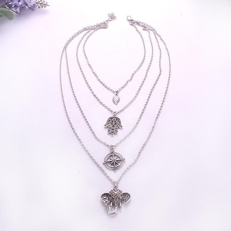Boho Multi-Layer Leaf Elephant Pendant Necklace