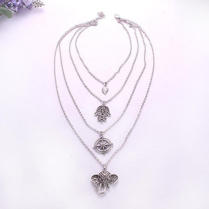 Boho Multi-Layer Leaf Elephant Pendant Necklace