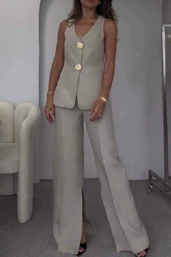 Solid Color Elegant Sleeveless Vest \u0026 Suit Pants Two-Piece Set