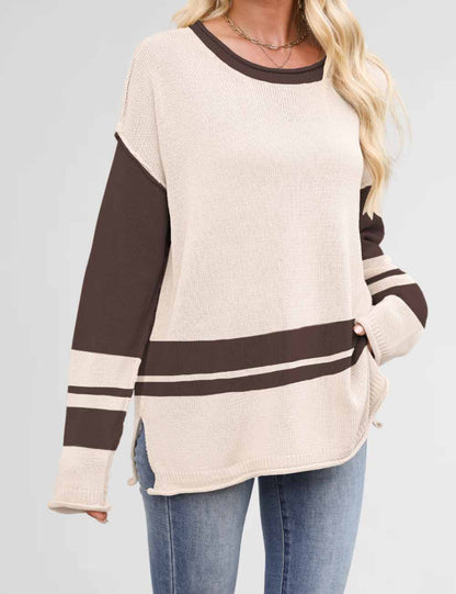 Color Block Round Neck Loose Sweater