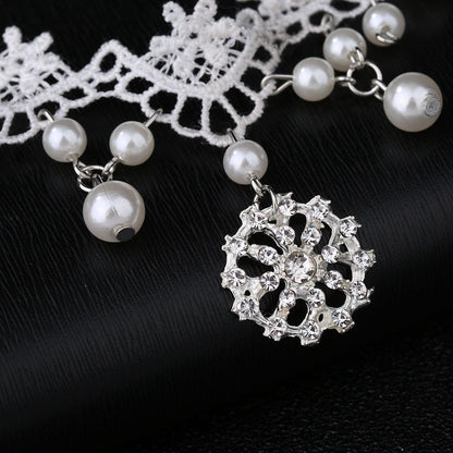 Bridal White Lace Choker with Rhinestones and Pearl Pendant