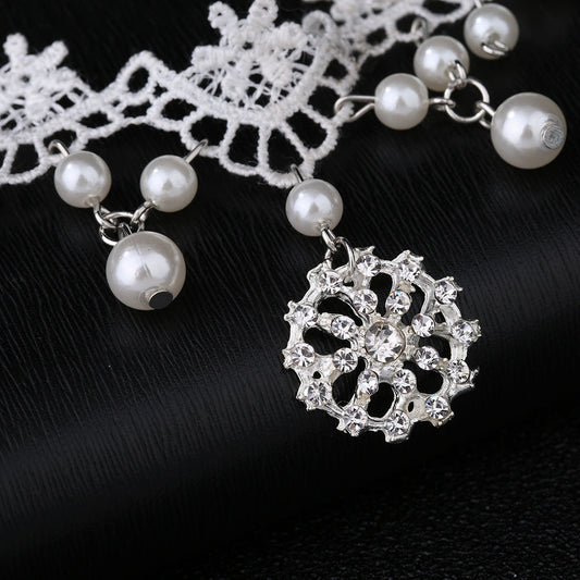 Bridal White Lace Choker with Rhinestones and Pearl Pendant