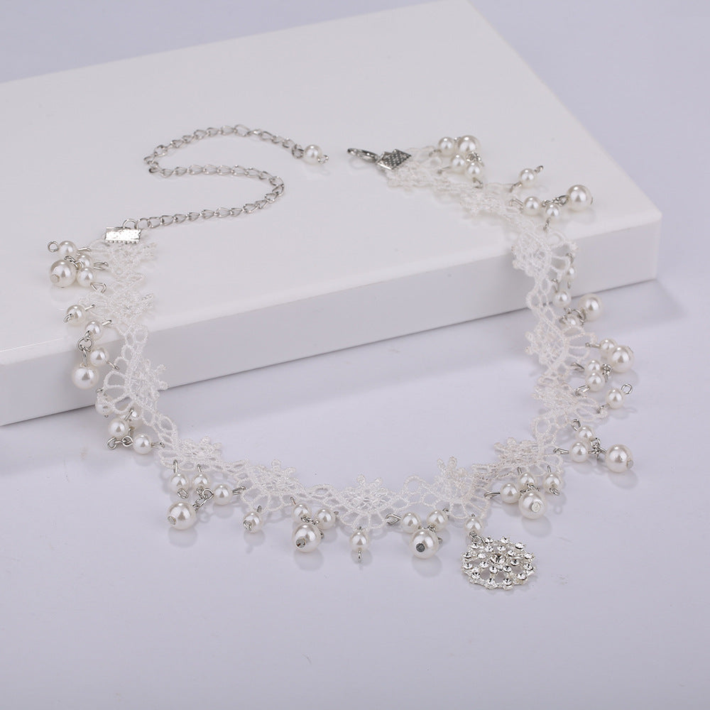 Bridal White Lace Choker with Rhinestones and Pearl Pendant