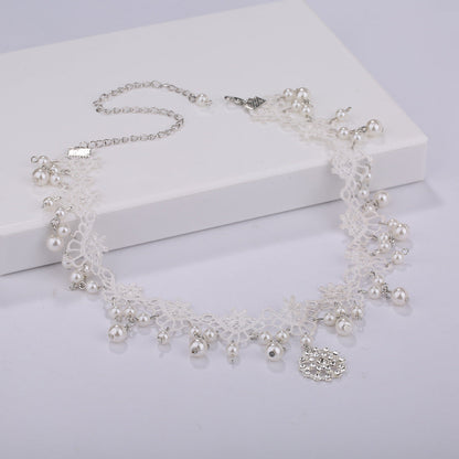Bridal White Lace Choker with Rhinestones and Pearl Pendant