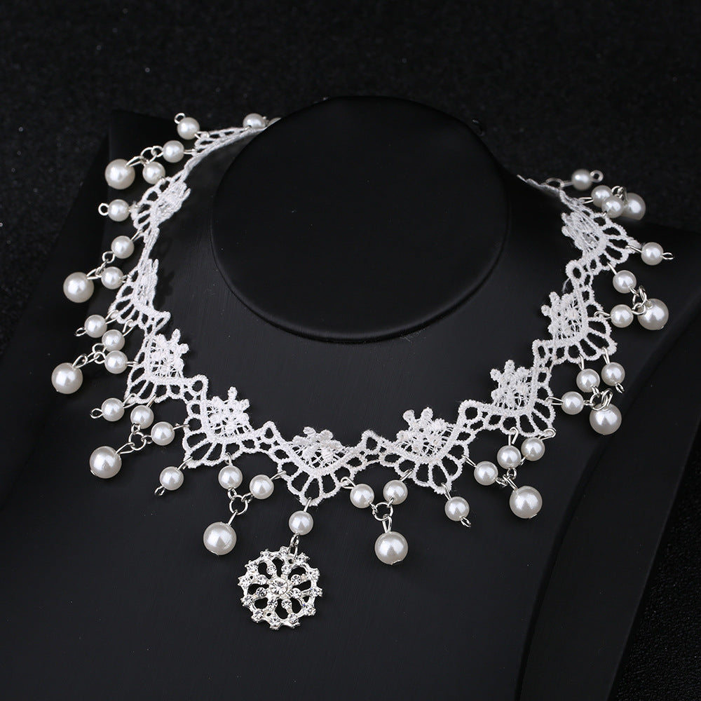 Bridal White Lace Choker with Rhinestones and Pearl Pendant