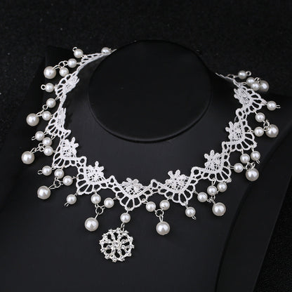 Bridal White Lace Choker with Rhinestones and Pearl Pendant