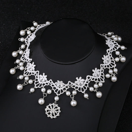 Bridal White Lace Choker with Rhinestones and Pearl Pendant