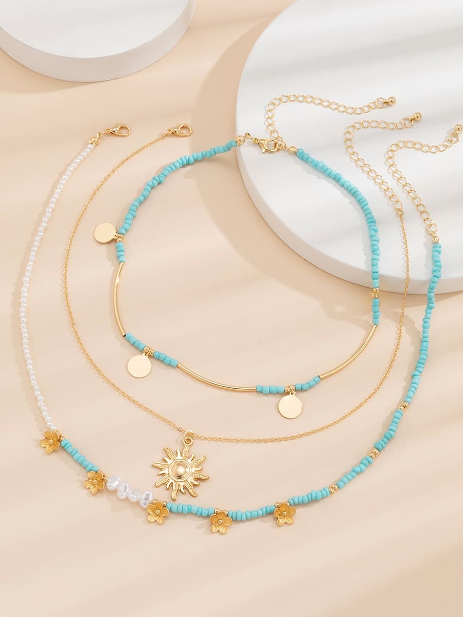 3pcs Sun \u0026 Floral Faux Pearl Beaded Necklace