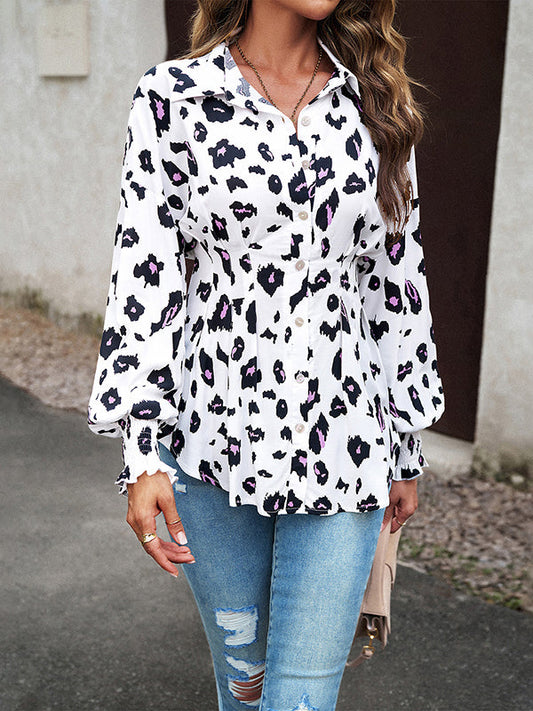 Bishop Sleeve Long Sleeves Buttoned Elasticity Leopard Pleated Lapel Blouses&Shirts Tops