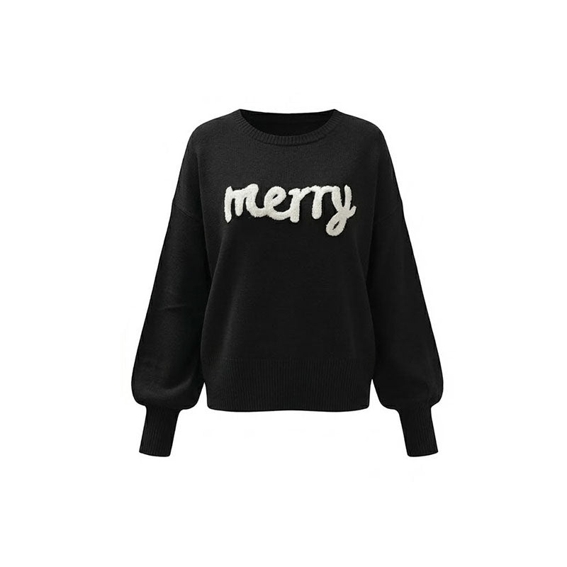 Knitted Graphic Round Neck Merry Pullover Sweater