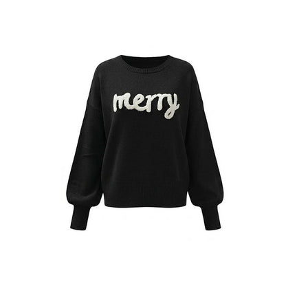 Knitted Graphic Round Neck Merry Pullover Sweater