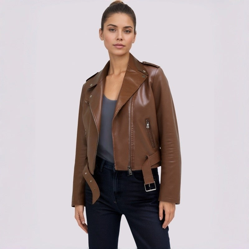 PU Retro Belted Biker Jacket Lapel Collar
