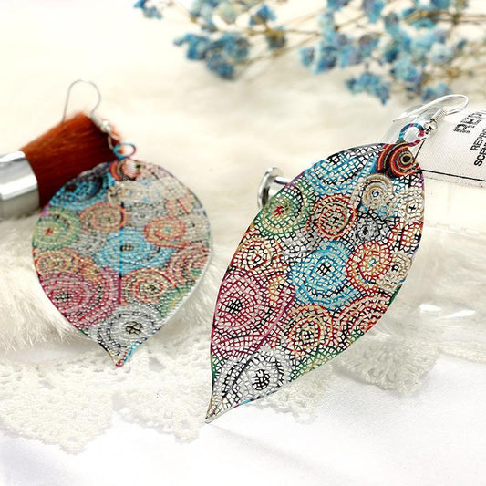Hollow Leaf Print Metal Colorful Earrings